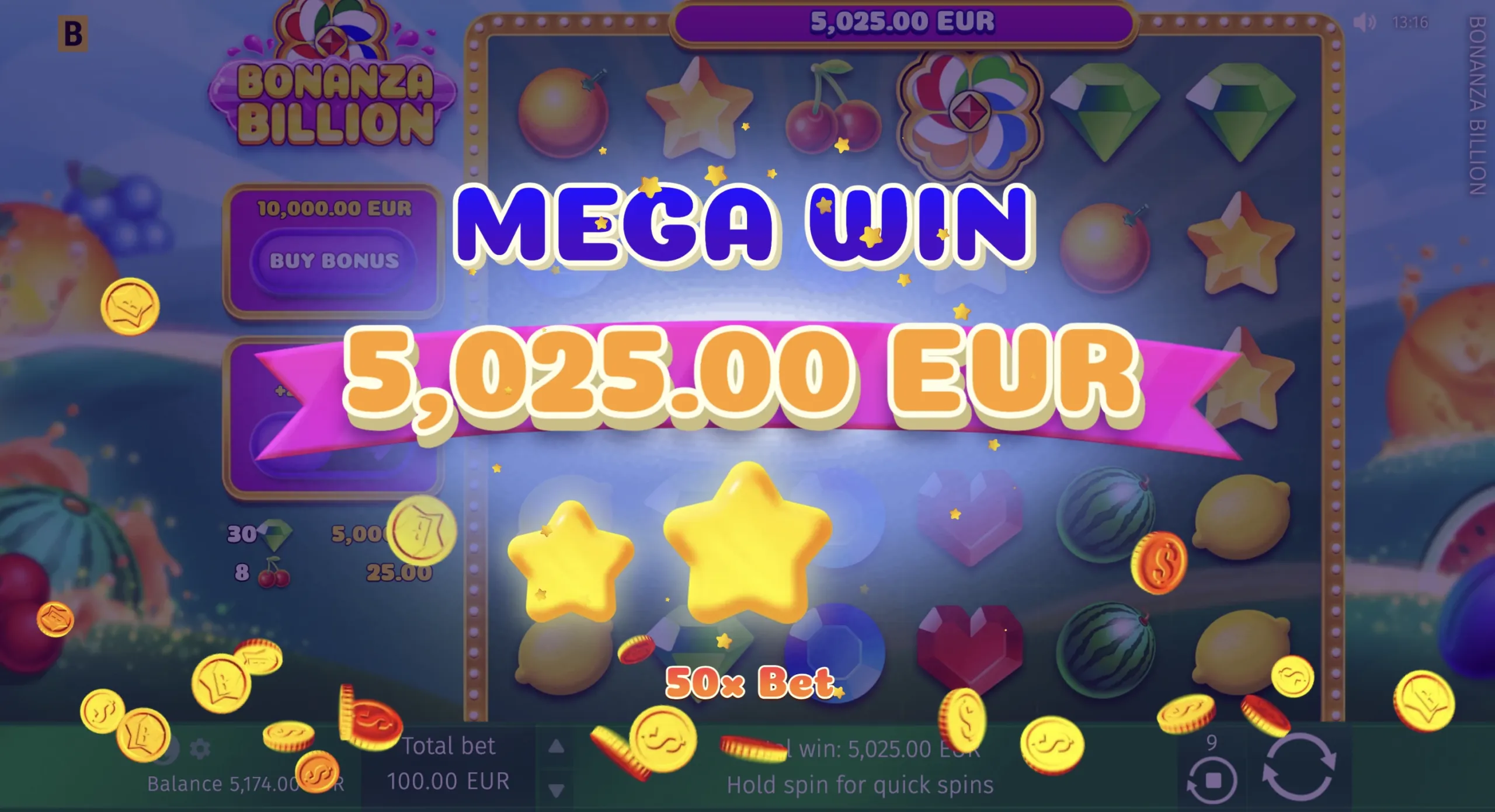 Big win screen celebration in Bonanza Billion