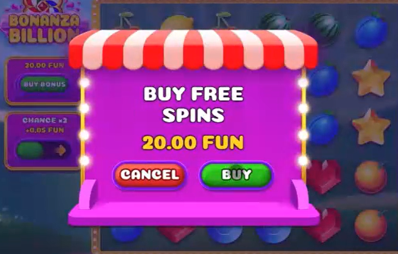 Bonanza Billion in-game Buy Bonus button and Free Spins purchase screen