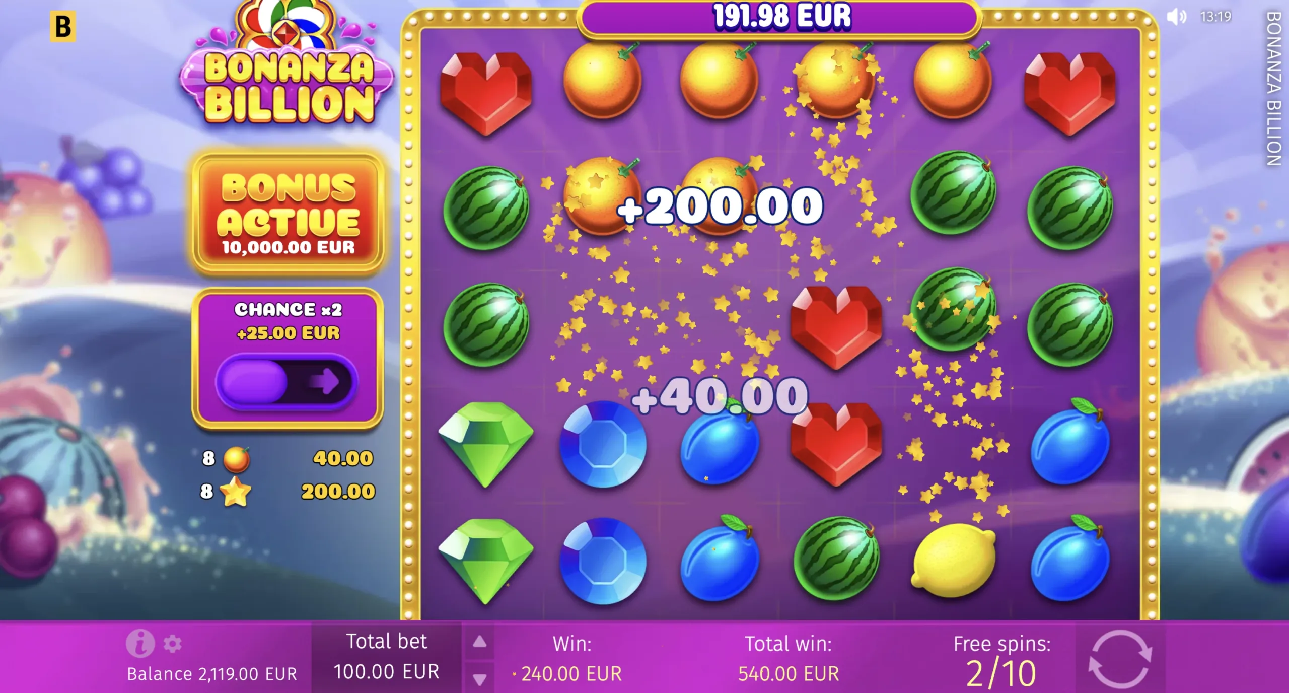 Bonanza Billion demo showing a cluster win on the 6x6 grid