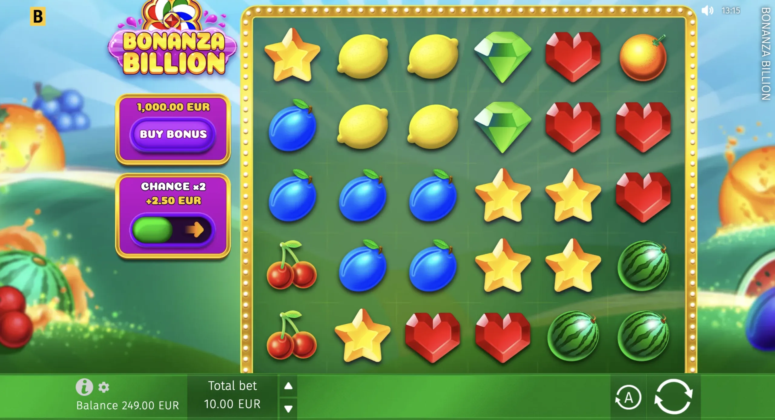 Bonanza Billion slot game screen with gold mine reels and multiplier symbols