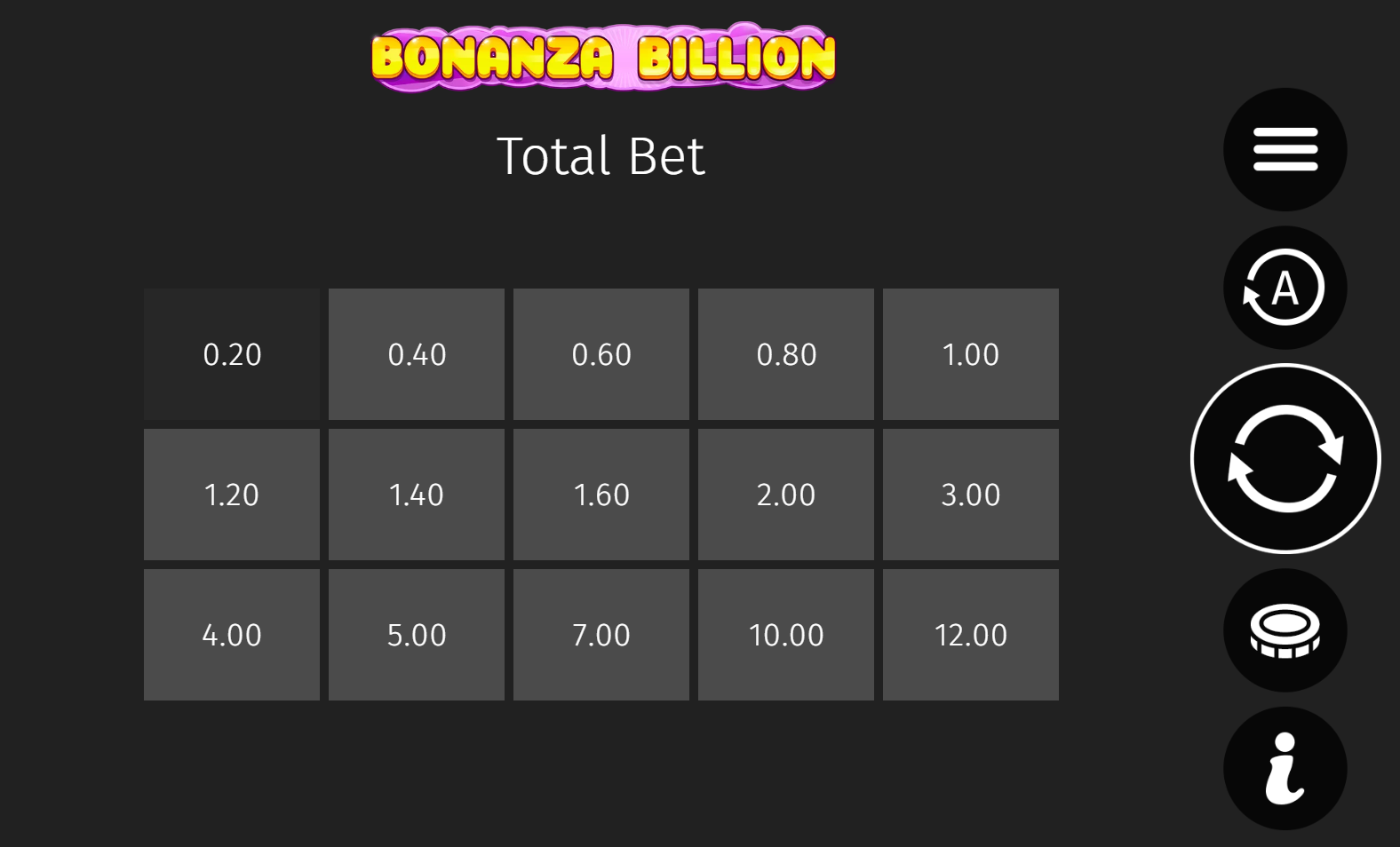Bonanza Billion bet controls and spin button user interface